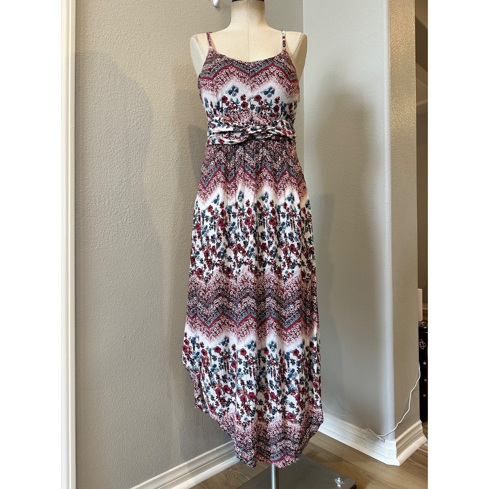 American Rag Cie Women's XL Floral Boho Maxi Dress Burgundy White Spaghetti Stra